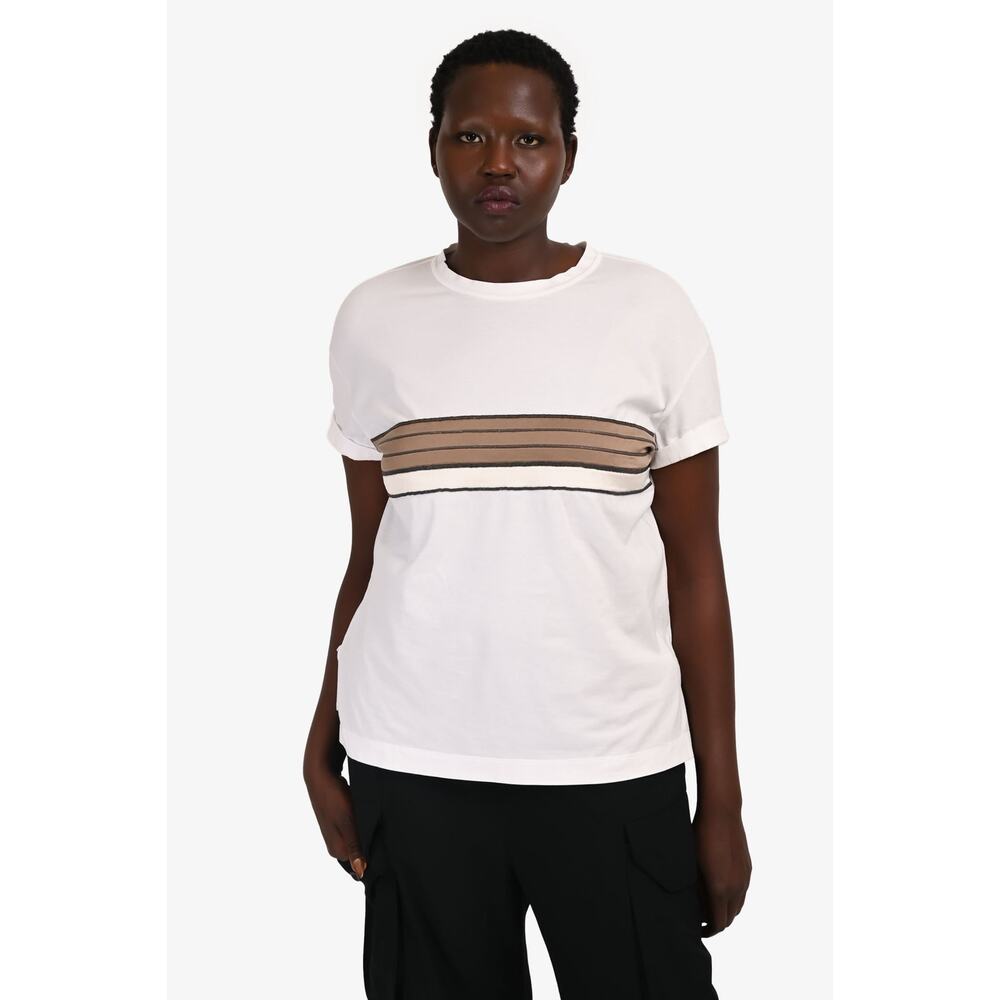 Brunello Cucinelli White Stripe Patterned Crewneck Short Sleeve T-Shirt Size M
